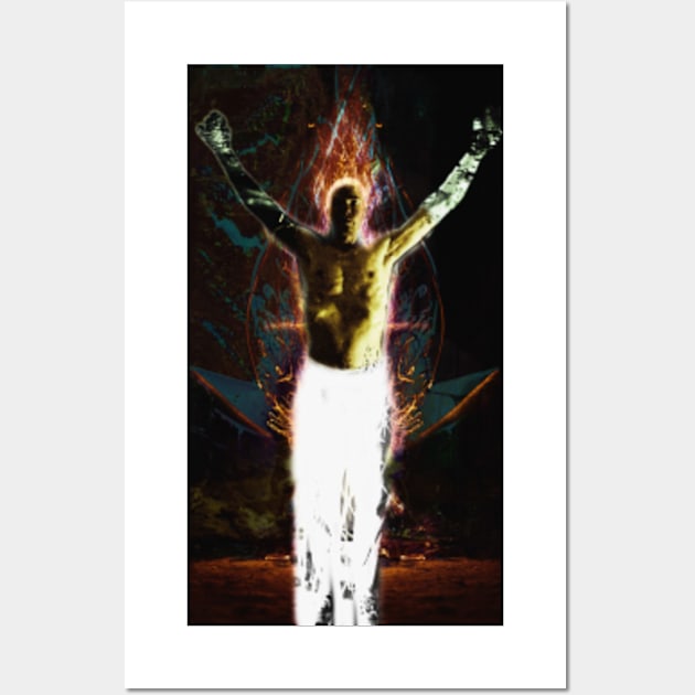 Portrait, digital collage and special processing. Shirtless man, stands. All chakras opened. Mystic. High contrast, dark. Wall Art by 234TeeUser234